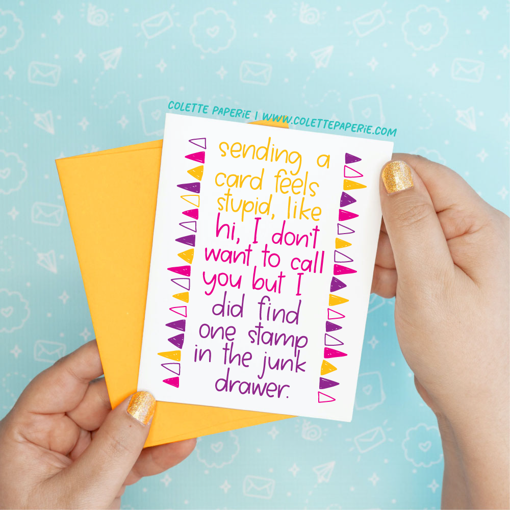 Sending a Card Funny Friendship Greeting Card Colette Paperie Birthday Cards stationery funny humorous cincinnati paper goods stickers snarky novelty cheeky witty sarcastic lighthearted silly hand lettered