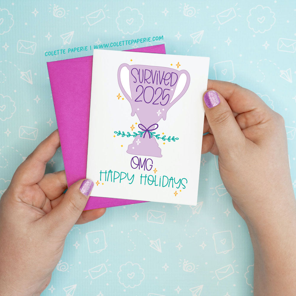 Christmas Holiday Survived 2025 Trophy Funny Card Colette Paperie Encouragement Card stationery funny humorous cincinnati