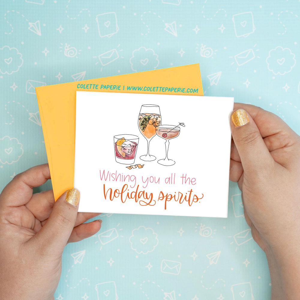 Holiday Christmas - Spirits Funny Greeting Card Colette Paperie Christmas Card stationery funny humorous cincinnati paper goods stickers snarky novelty cheeky witty sarcastic lighthearted silly hand lettered