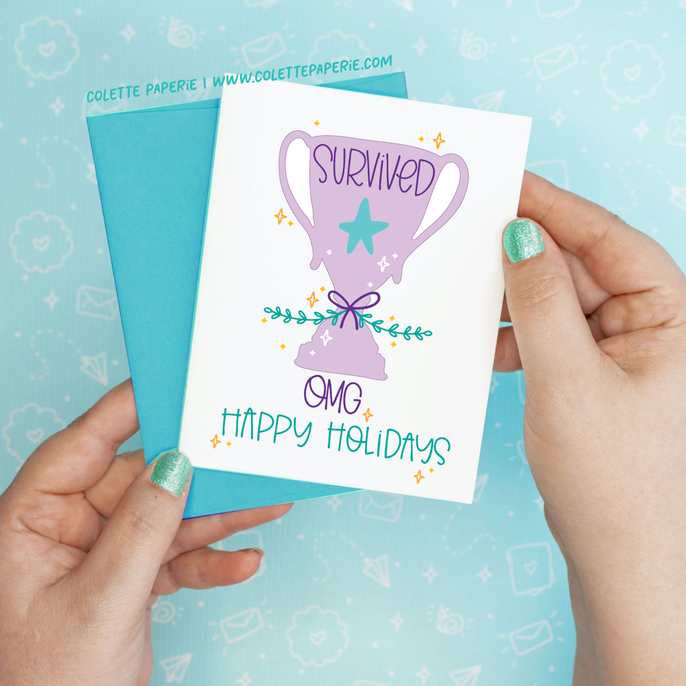 Christmas Holiday Survived Trophy Funny Card Colette Paperie Encouragement Card stationery funny humorous cincinnati paper goods stickers snarky novelty cheeky witty sarcastic lighthearted silly hand lettered